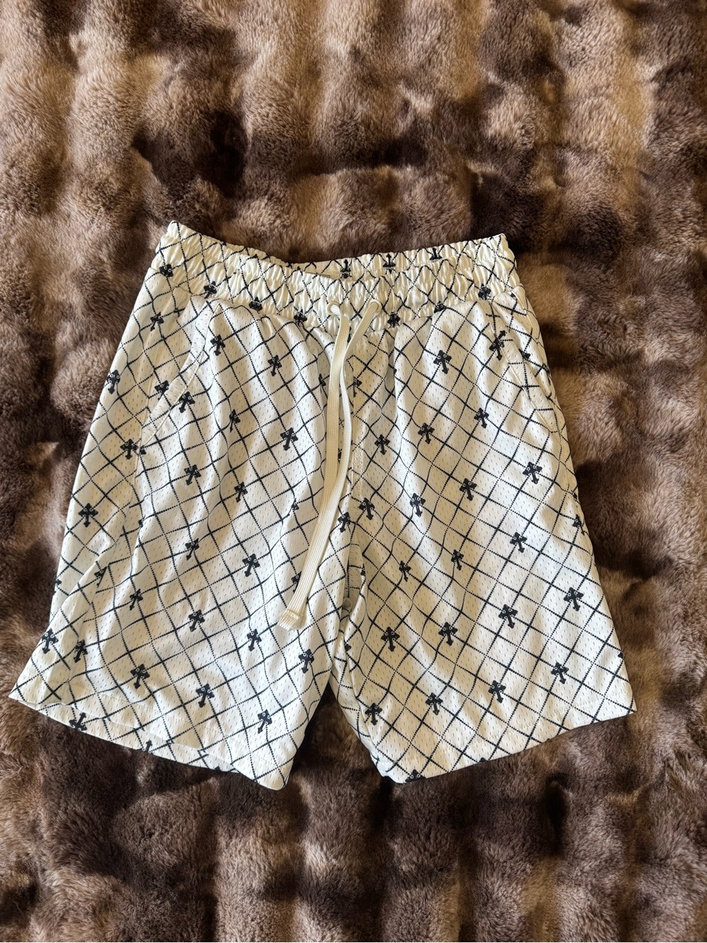 Men's White Grid Print Drawstring Shorts